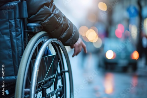 Male hand on wheelchair on blurred background