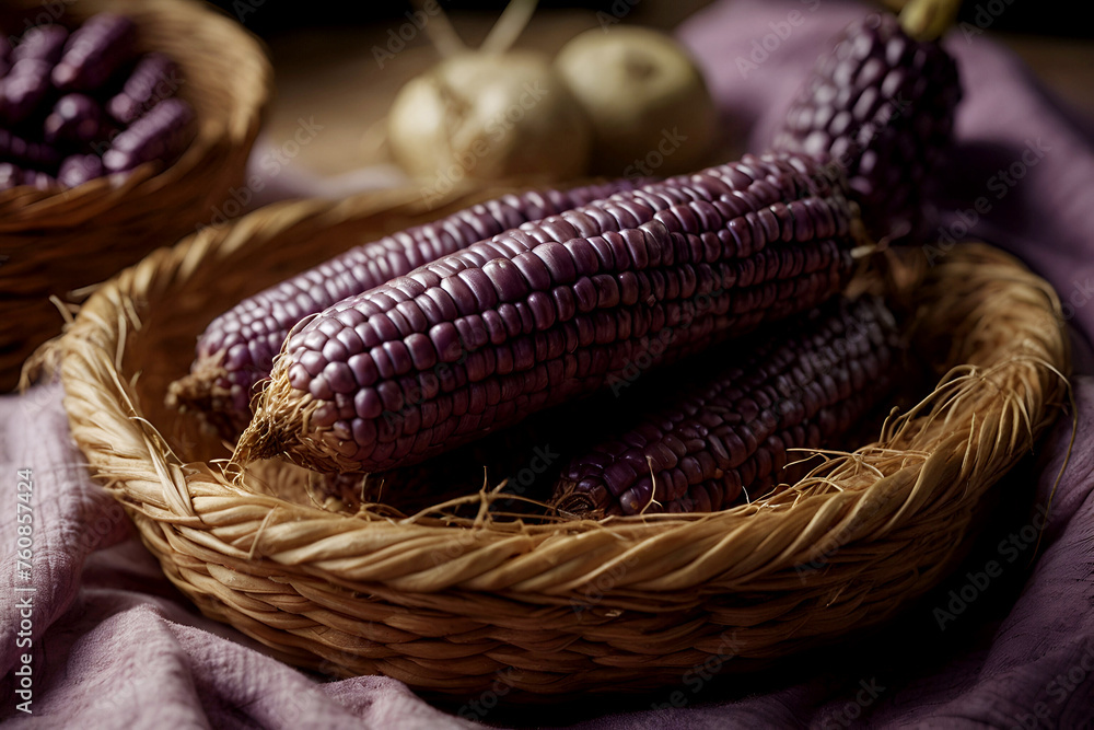 Close up of Purple corn on wooden basket in rustic kitchen, Organic sweet purple corn. Maiz morado peruvian, bolivian corn
