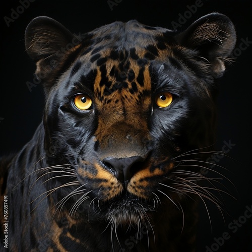 An image of a black leopard with yellow eyes