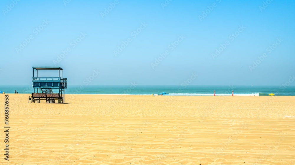 a lifeguard stand on the beach with people in the water and a blue sky in the backgroud.