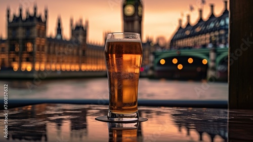 A pint of beer on the background of the Houses of Parliament, London,