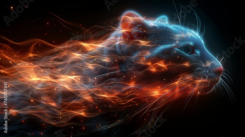 a cat that is sitting down with some fire in it s mouth and a black background with a red and blue cat on it s left side.