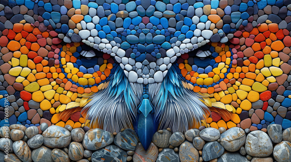 a painting of a bird made out of rocks and stones with a colorful design on the side of it's face. - obrazy, fototapety, plakaty 