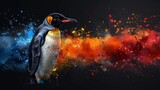 a painting of a penguin standing in front of a black background with orange, red, and blue paint splatters.