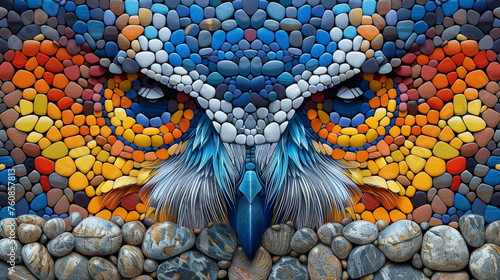 a painting of a bird made out of rocks and stones with a colorful design on the side of it's face. © Nadia
