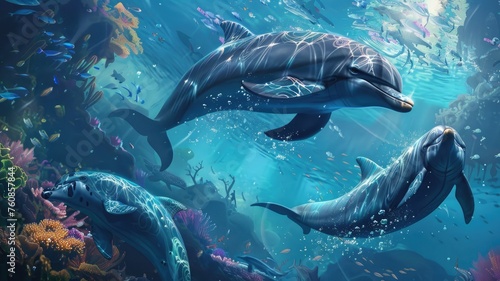 Magical dolphins swimming in a vibrant coral reef - Captivating digital artwork of dolphins swimming with ethereal grace in a rich, colorful coral reef environment