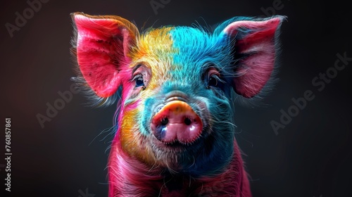 a close up of a pig's face with multicolored paint on it's pig's face.