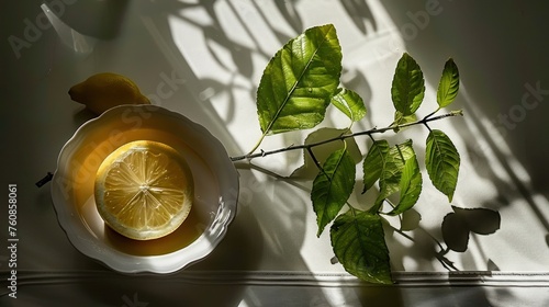 a lemon in a bowl next to a branch of a plant and a cup of tea on a white table. photo