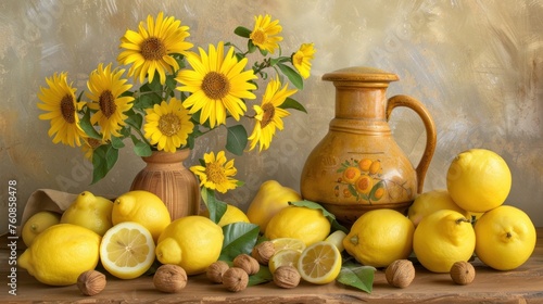 a painting of lemons, lemons, and sunflowers with a vase of flowers in the background.