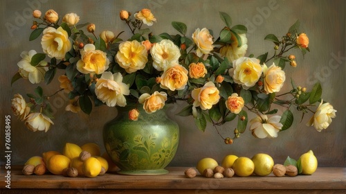 a painting of a green vase with yellow flowers and lemons in front of a row of lemons on a shelf. photo