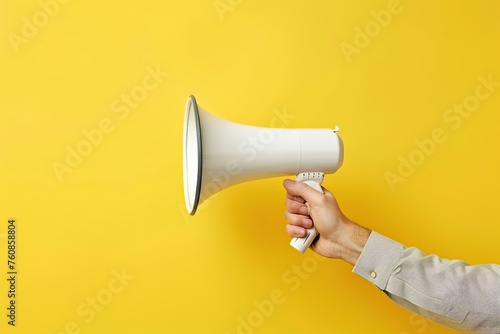 Male hand holding modern megaphone on yellow background