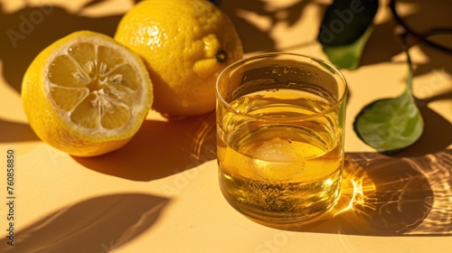 a glass of lemon water next to two lemons and a green leafy branch on a yellow tablecloth.