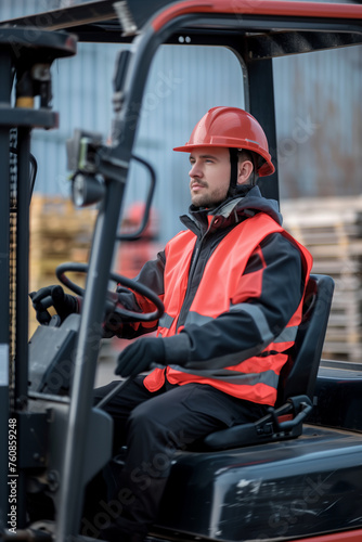 A Caucasian male employee is driving a forklift in a factory.