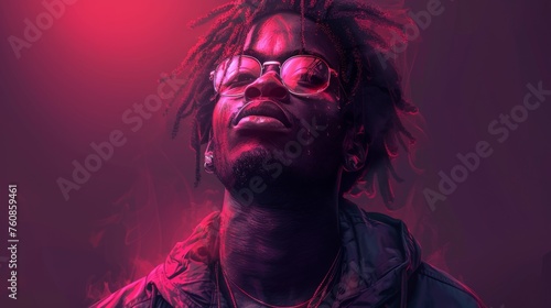 a man with glasses and dreadlocks standing in front of a red and purple background with his head turned to the side.