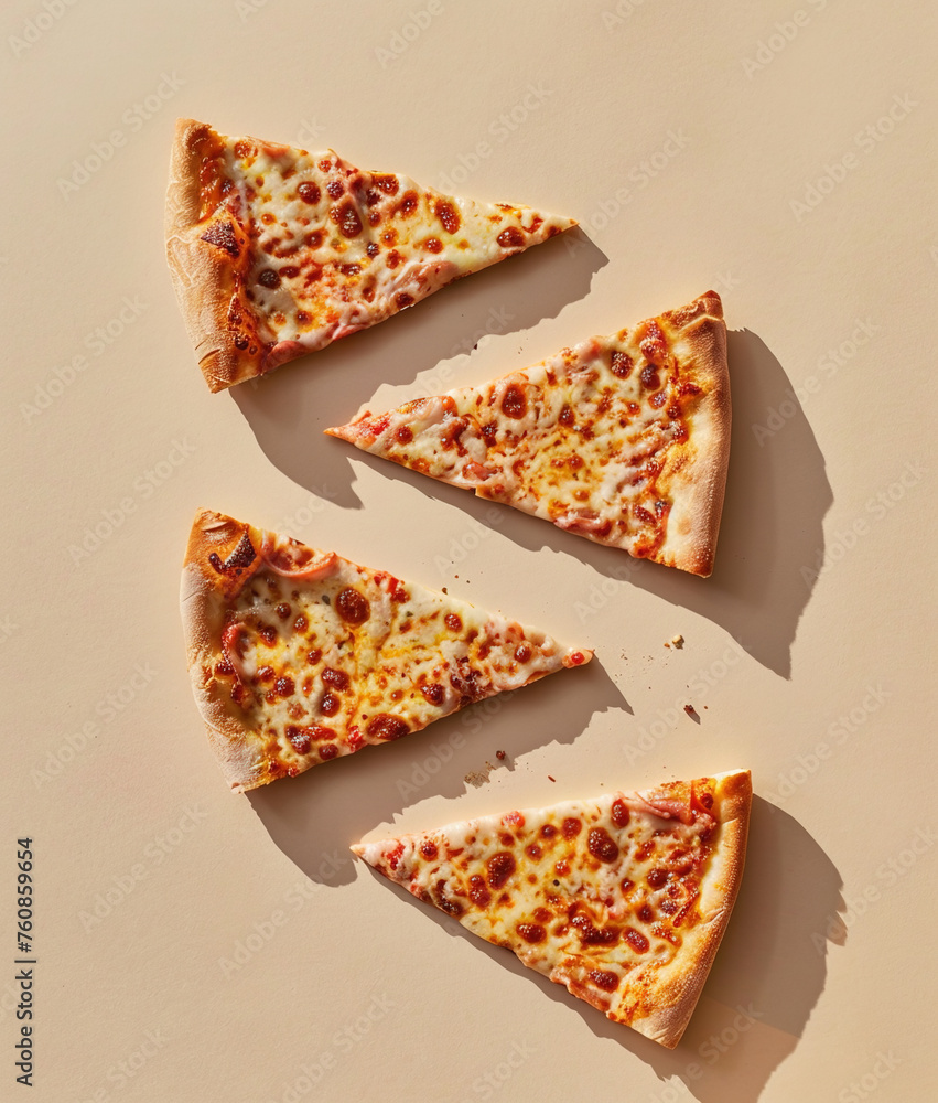 Slices of pizza with cheese on beige background Slices of pizza with cheese on beige background