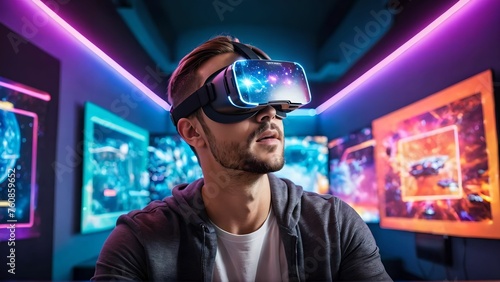 Augmented reality, science, future technology concept. VR. Futuristic 3d glasses with virtual projection. Neon light.