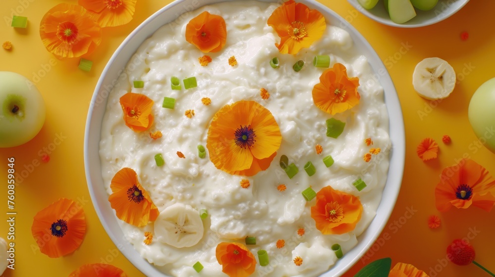 a bowl of oatmeal with orange flowers on a yellow table with apples and flowers on the table. a bowl of oatmeal with orange flowers on a yellow table with apples and flowers on the table.
