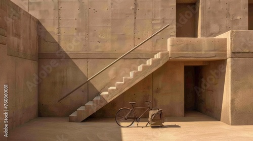 a bike parked next to a set of stairs in front of a concrete building with a staircase leading up to it. photo