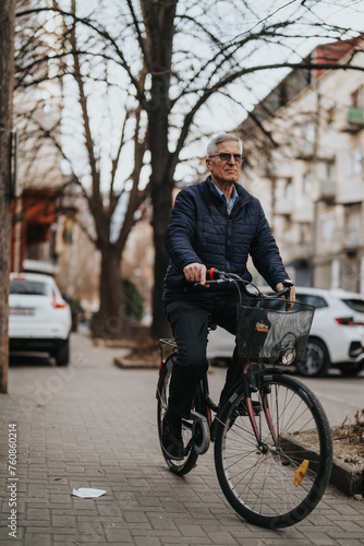 Active senior man enjoying a bike ride in urban setting during autumn.