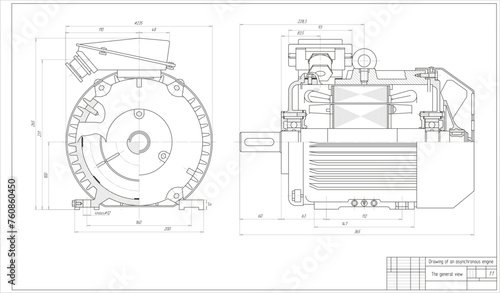 Vector engineering technical drawing of asynchronous
motor. The design of mechanical part
of machine with dimension lines. Cad schematic diagram. 
The general view. Assembly project.