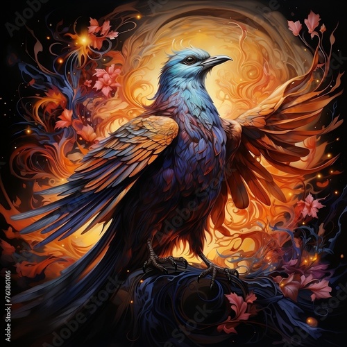 An oil painting of a colorful bird with a fiery tail