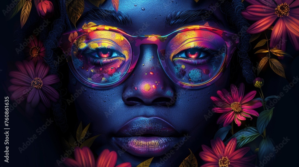 a close up of a woman's face with bright colored glasses and flowers in front of a dark background.