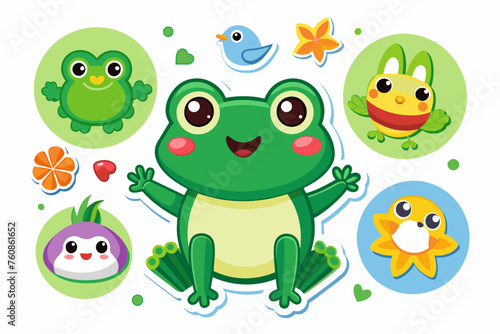  frog stickers for kids on white background, vector illustration