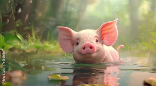 cute piglets are bathing in the lake photo