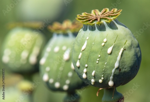 opium poppy heads with drops of opium milk latex