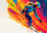 Dynamic snowboarder in action with vivid color splashes illustrating motion and olympic winter sport