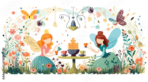 A whimsical garden tea party with fairies and woodl photo