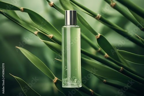 glass green bottle of shampoo on rock with water and bamboo background