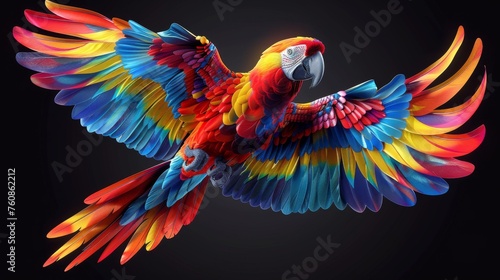 a colorful parrot flying through the air with it's wings spread out and wings spread wide, on a black background.