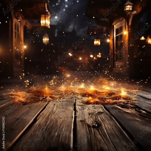 An old wooden floor background with fire and sparks