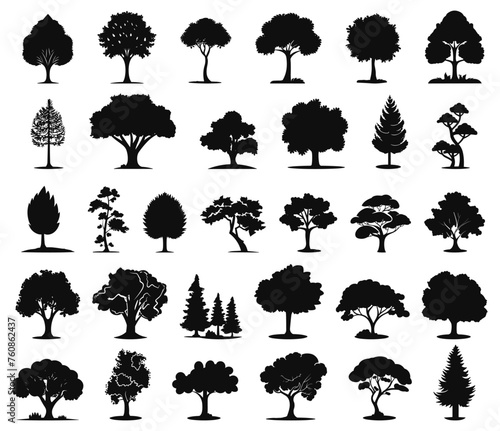Tree black icons. Various coniferous and deciduous trees simple silhouettes, beautiful decorative plants graphic © LadadikArt