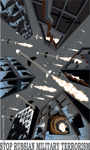 Vector illustration with rockets and bombed houses calling for an end to Russian military terrorism