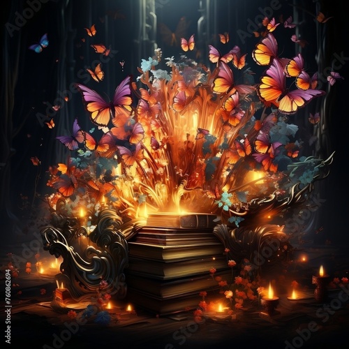 An open book decorated with butterflies and bright lights