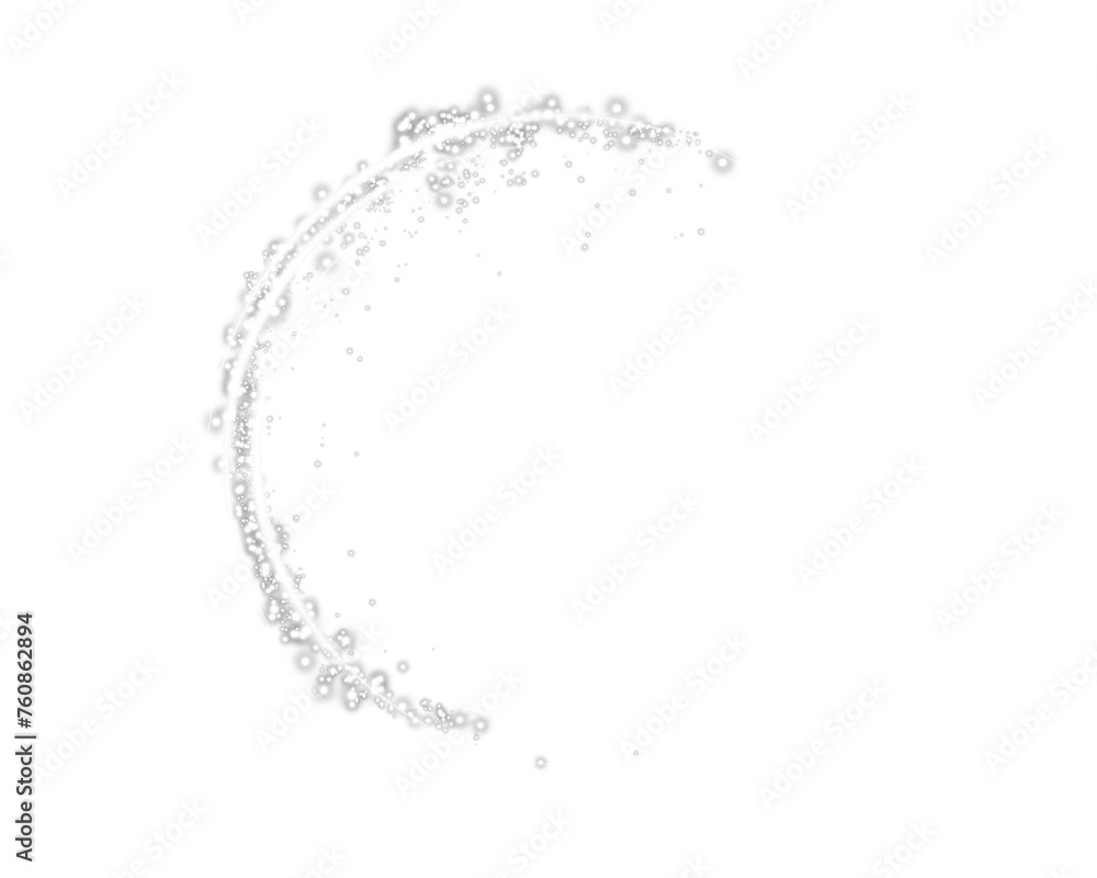 White round shape with small dust trail particles and lights. Abstract light lines of motion and speed with white colored sparks. Light everyday glowing effect. Semicircular wave. Curve light track.