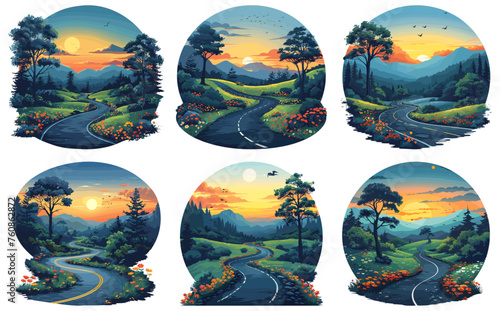 Winding road landscape. Leading asphalt path among trees, roadway travel adventure with mountain panorama