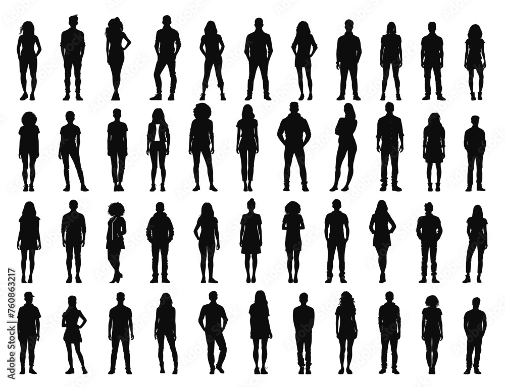 Young people silhouettes. Teenage girls and boys outline drawings, women and men models shadows, teenagers persons black stencils on white - obrazy, fototapety, plakaty 