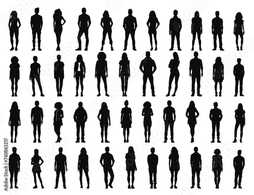 Young people silhouettes. Teenage girls and boys outline drawings, women and men models shadows, teenagers persons black stencils on white