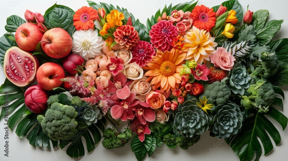 an arrangement of flowers, fruits, and succulents arranged in the shape of a heart on a white background. an arrangement of flowers, fruits, and succulents arranged in the shape of a heart on a white background.