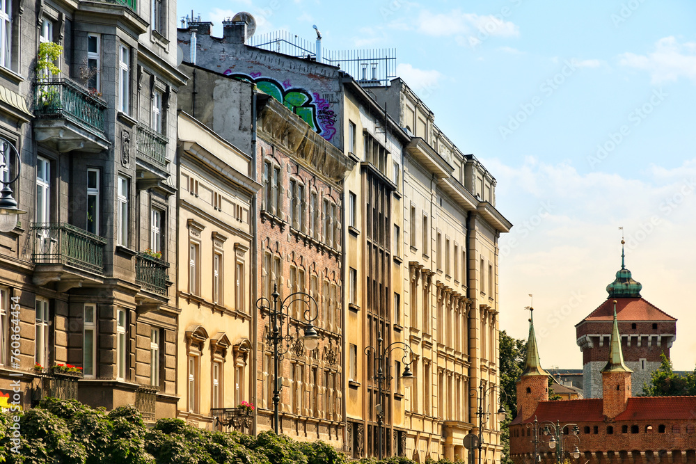 Scenic view of residential street in Krakow, Poland