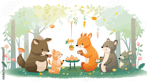 A whimsical scene of animals having a tea party in