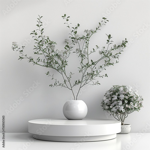 Platform with decorative plant all in a white style with low contrast giving a modern, simple and minimalist style