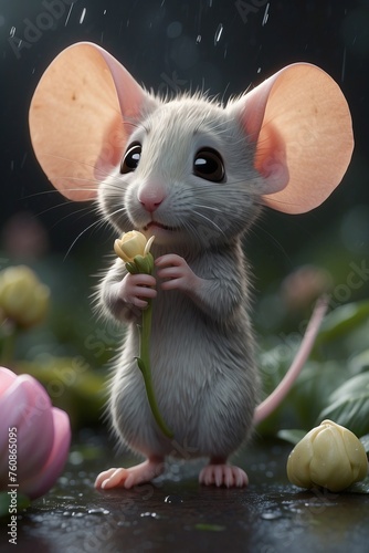 Cute little mouse standing under a flower