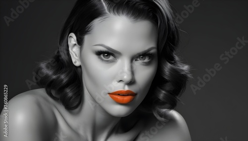 Wall art framework  monochrome vlack and white portrait of a brunette model with orange lips