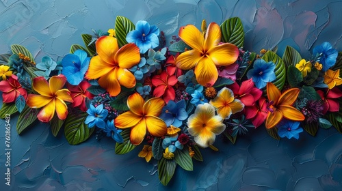 a painting of a bunch of colorful flowers on a blue background with green leaves and red, yellow, and blue flowers.