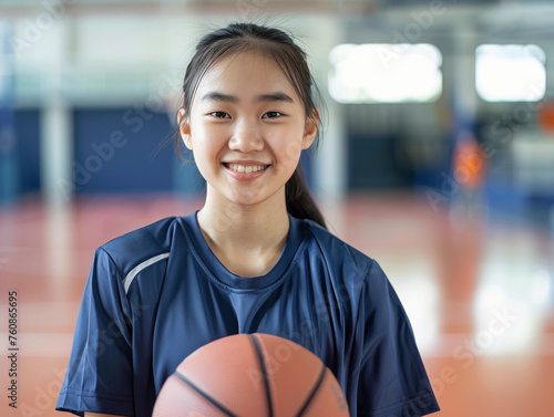 Portrait happy asian girl holding basketball in a school gymnasium 