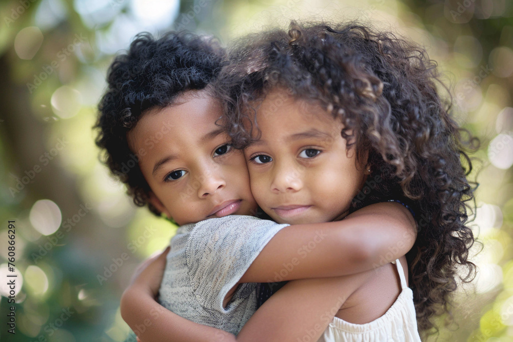 A touching scene, twin siblings hug tightly A touching scene, twin siblings hug tightly